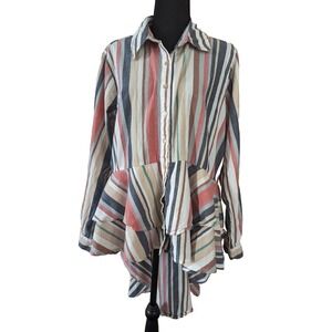 Thread Story Women's 2X Striped Cotton Ruffle Button Front Top Shirt